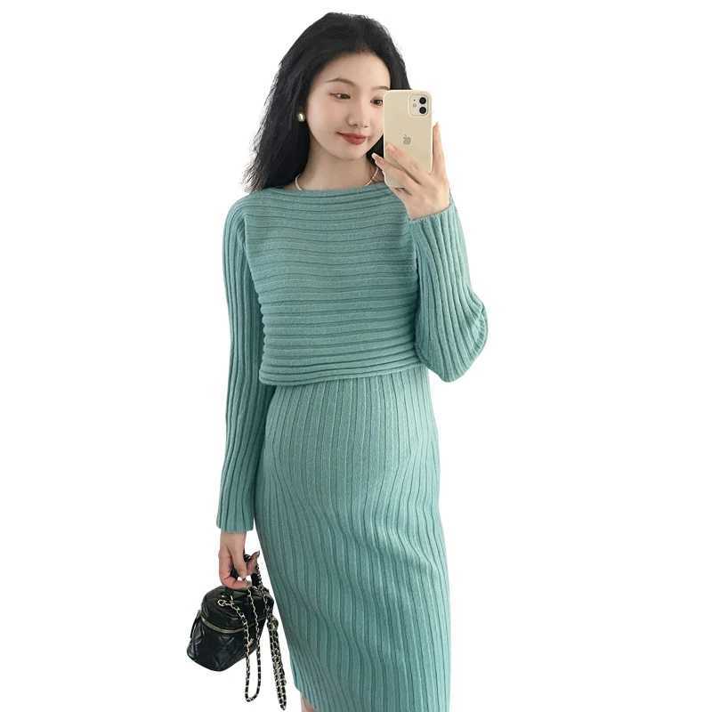 8040# Autumn Winter Knitted Materni Sweaters Dress Thick Warm Cover Sling Dress Sets Clothes for Pregnant Women Hot PregnancyXJ241213
