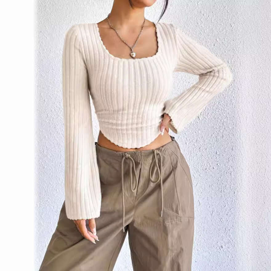 European and American 2024 Spring/Summer New Hot Selg Square Collar Pit Bar Horn Long Sleeve T-shirt for Women