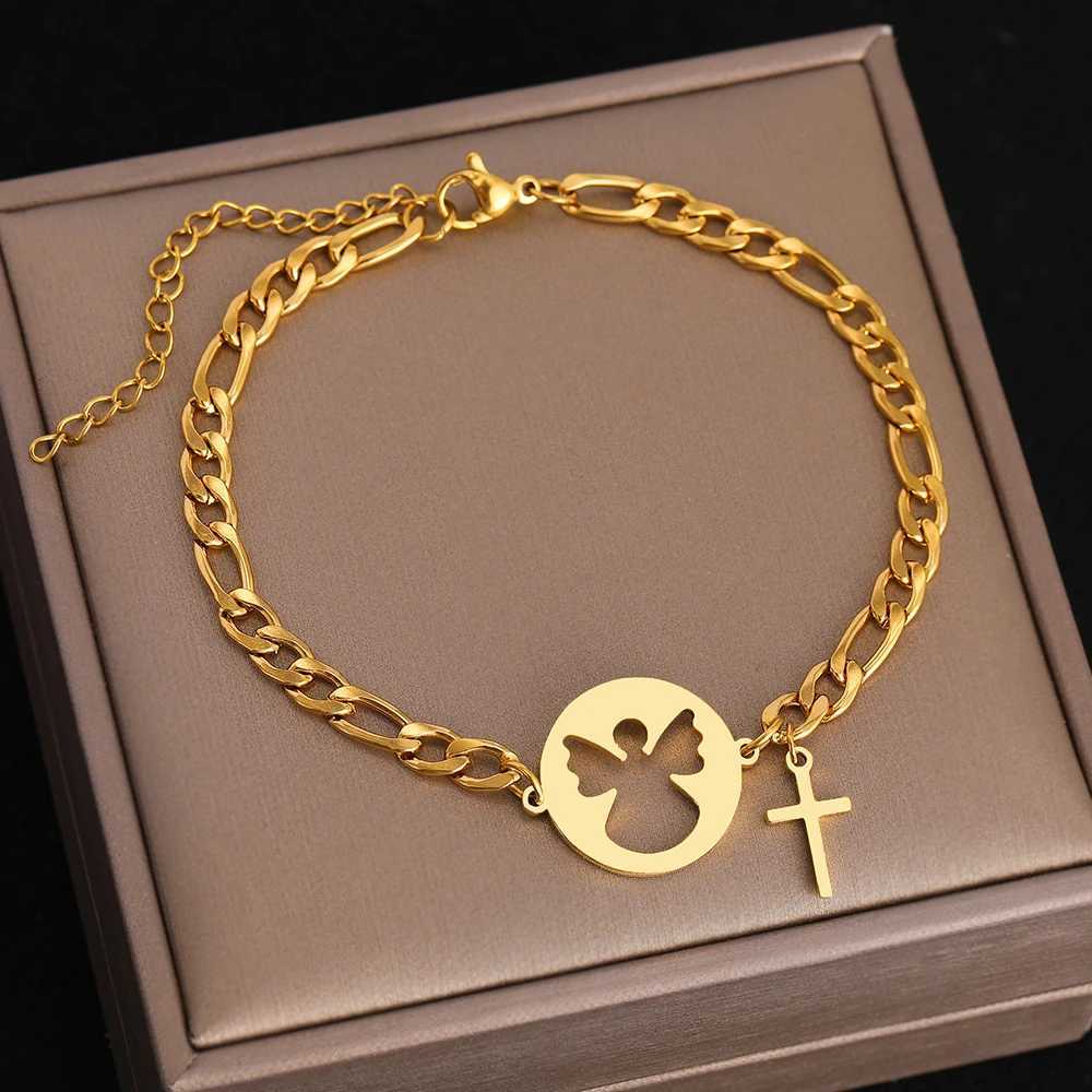 Stainl Steel Bracelets Cartoon Angel Cross Cool Girls Gothic Pendants Figaro Chains Unique Charms Bracelet For Women JewelryXJ241214