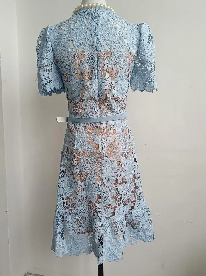 Casual Dresses A-Line Sexy Summer Holiday Party Prom Blue Lace Embroidery Short Dress Women Diamonds Button Mini Vestidos Female Qua