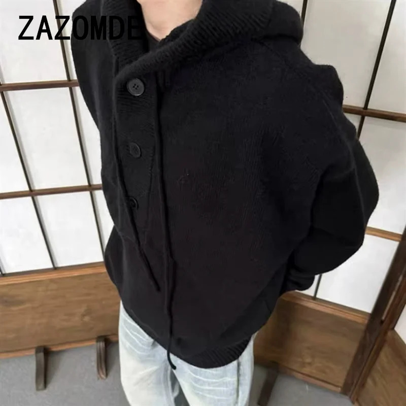 ZAZOMDE Men Autumn Buttons Hooded Sweater Tops Mens Oversize Loose Knitted Male Solid Color Warm Knitwear Hoody 241213
