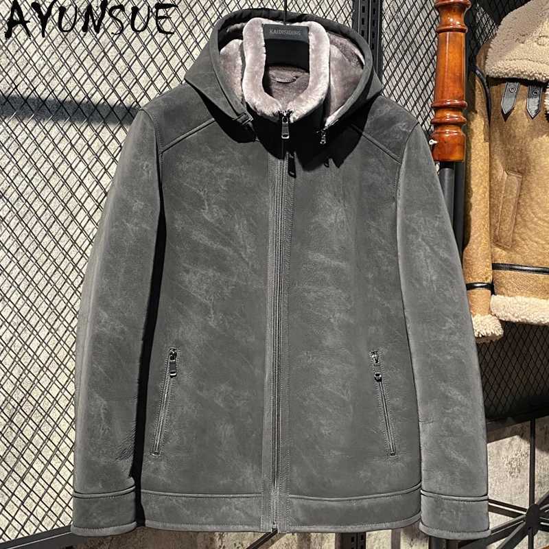 AYUNSUE mens fur coat luxury leather jacket mens winter mens clothing business casual natural sheepskin coat hooded W241213