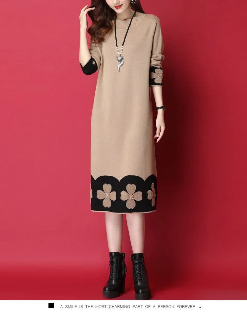 AutumnWinter Knit Dress MediumLength LooseFit Slimming Inner Base Layer Sweater Skirt MiddleAged Womens Clothin 241212