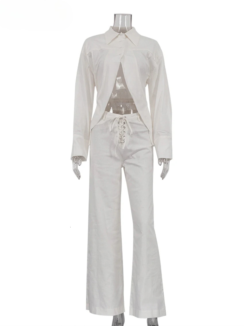 Clacive Fashion Loose White En Women's Two Pieces Elegant Long Sleeve Shirt With Mid Waist Wide Pants Set Streetwear