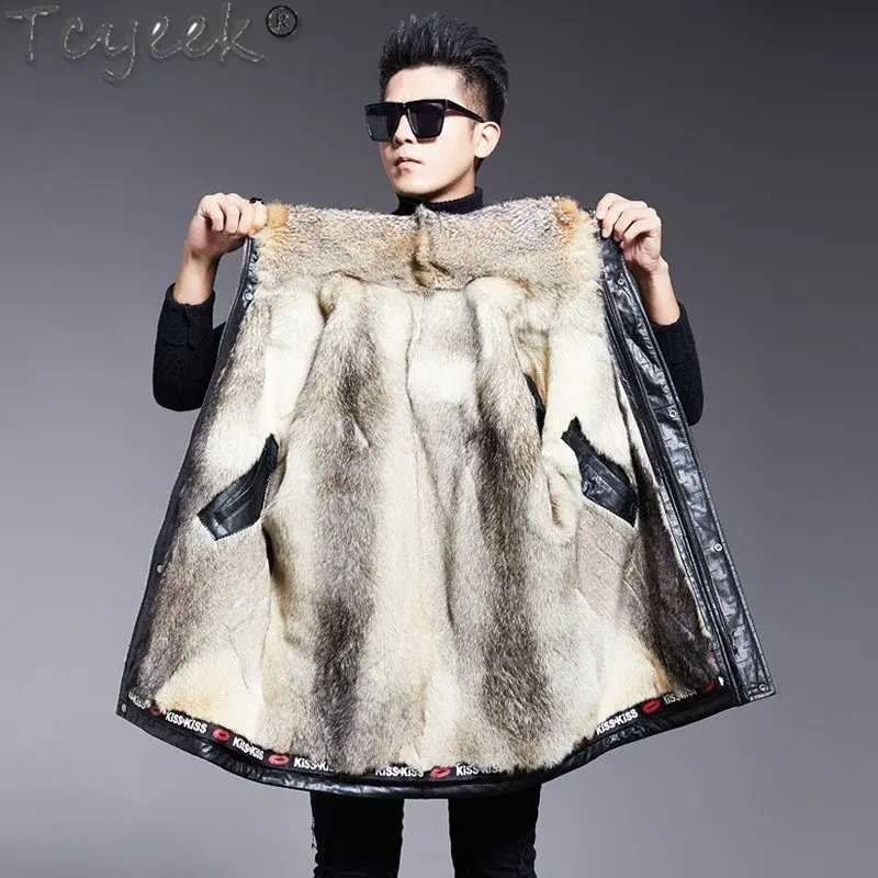 Tcyeek winter wolf fur lined coat mens sheepskin leather jacket mens clothing warm natural fox fur collar coat luxury W241213