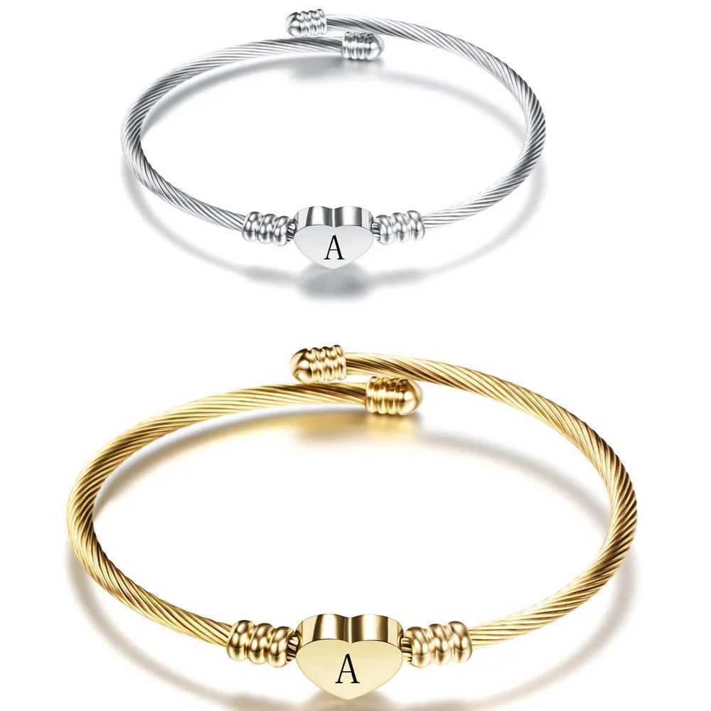 Initial Letter Stainl Steel Cuff Bracelet For Women 26 Alphabet Heart Charm Bangle Female Fashion Birtay Party JewelryXJ241214
