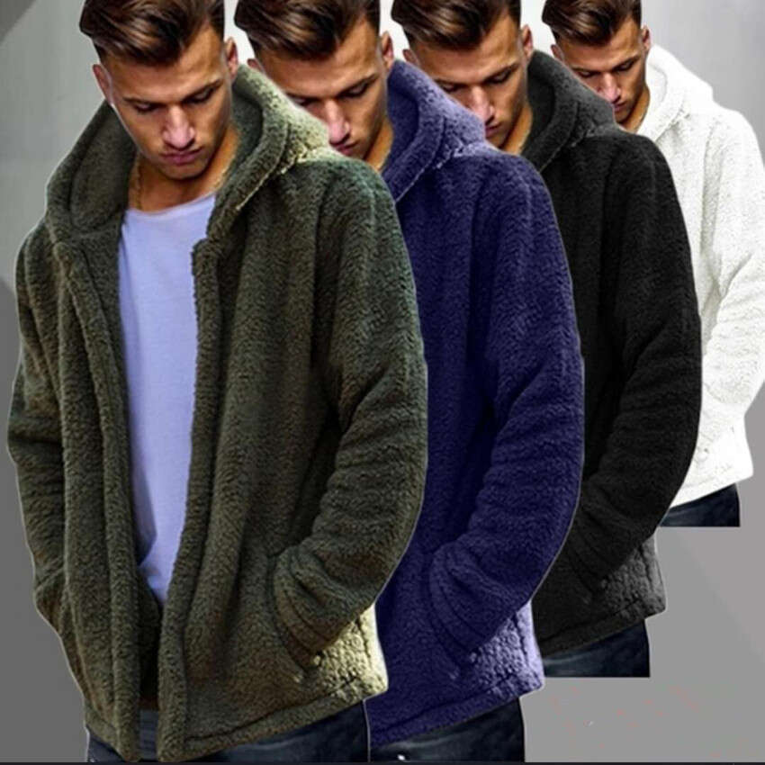 Foreign Trade Men's Autumn Winter Casual Solid Color Hooded Jacket, European American Plush Coat, Warm And Fashionable Quality Classic