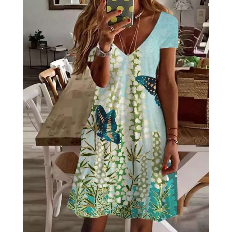 European and American women's urban digital printed dress 2024 new casual versatile fashion clothing