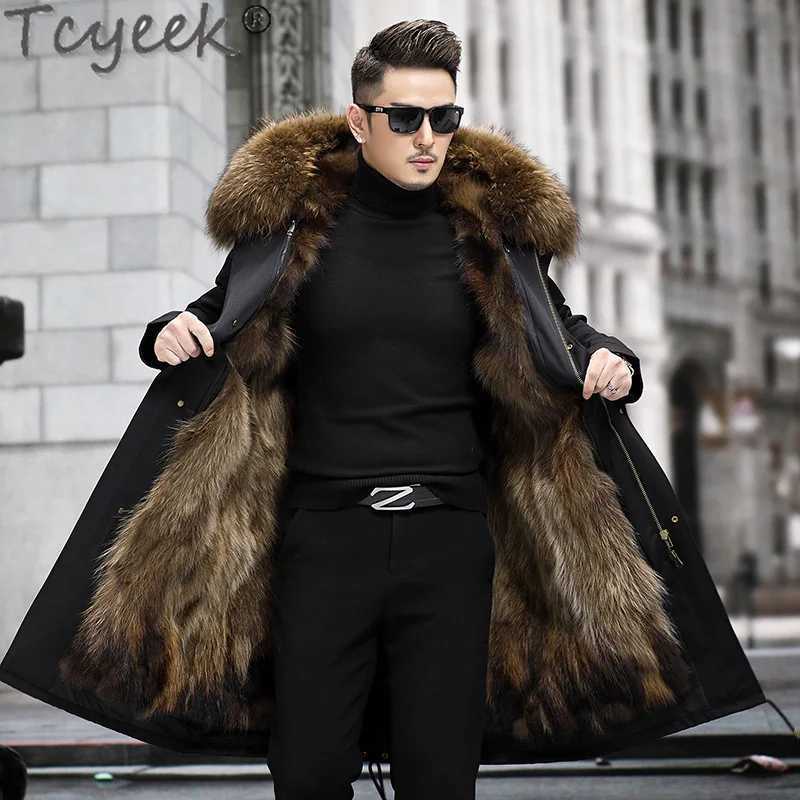 Tcyeek medium long fur leather jacket for mens warm and detachable fox fur lining Parka fashion winter mens clothing raccoon fur collar 2023 W241213