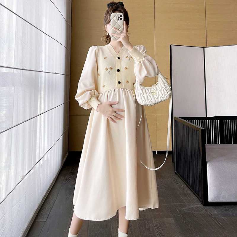Autumn Winter Fashion Materni Dress Long Sleeve V-neck Vintage Embroidery Pregnant Woman Empired Dress Princess Par DressesXJ241213