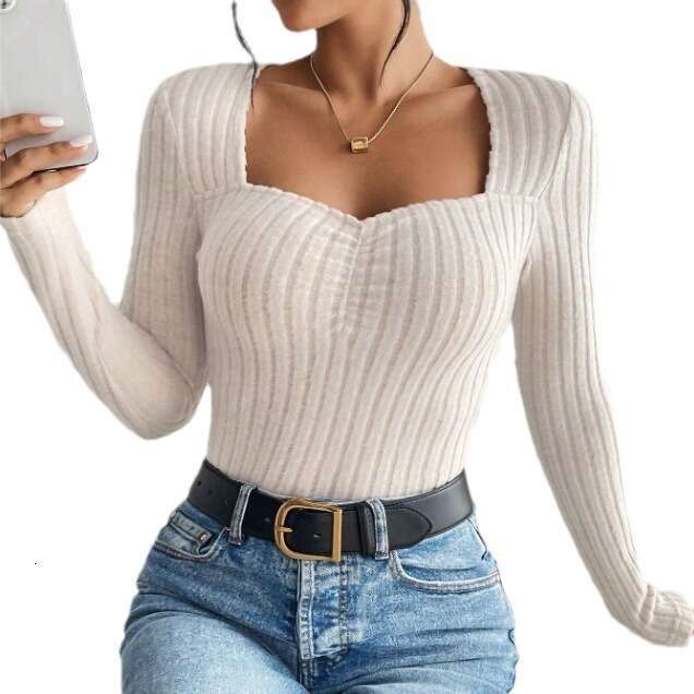 Women's 2023 Autumn/Winter New Front Fold Slim Knitted Base T-shirt