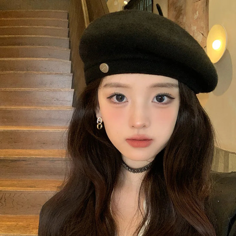 Grey wool beret womens autumn and winter trend artist hat with big head circumference small face warm versatile 241210