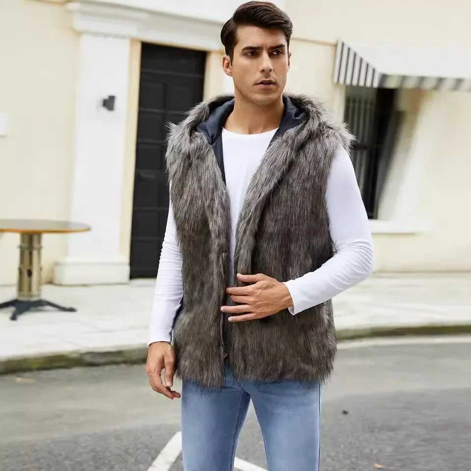 Hooded faux fur coat jacket mens autumn and winter mens short sleeved warm jacket with thick pockets 2024 long sleeved mother Y2k jacket W241213