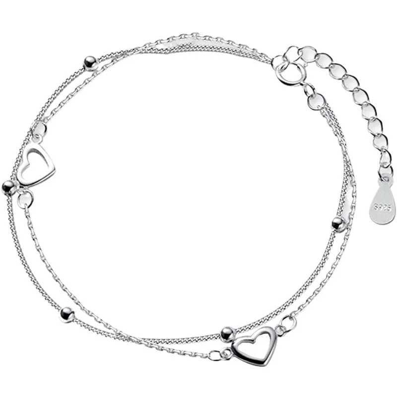 Round Bead Hollow Heart Hand Decorated Double Design Sweet 925 Silver Plated Chain Bracelet for Women Girls GiftsXJ241214