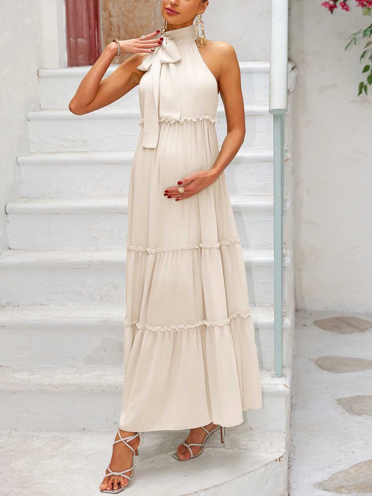 ItsRoya Chiffon O Neck Casual Materni Dress Loose Ruffle Pregnant Photography Props Dresses Sleeveless Women Dress With RibbonXJ241213