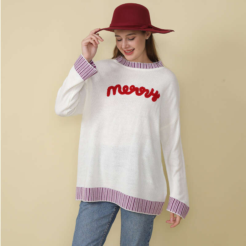 European and American Christmas New Knitted Women's Loose Long Sleeve Letter Embroidered Sweet Beauty Style Sweater