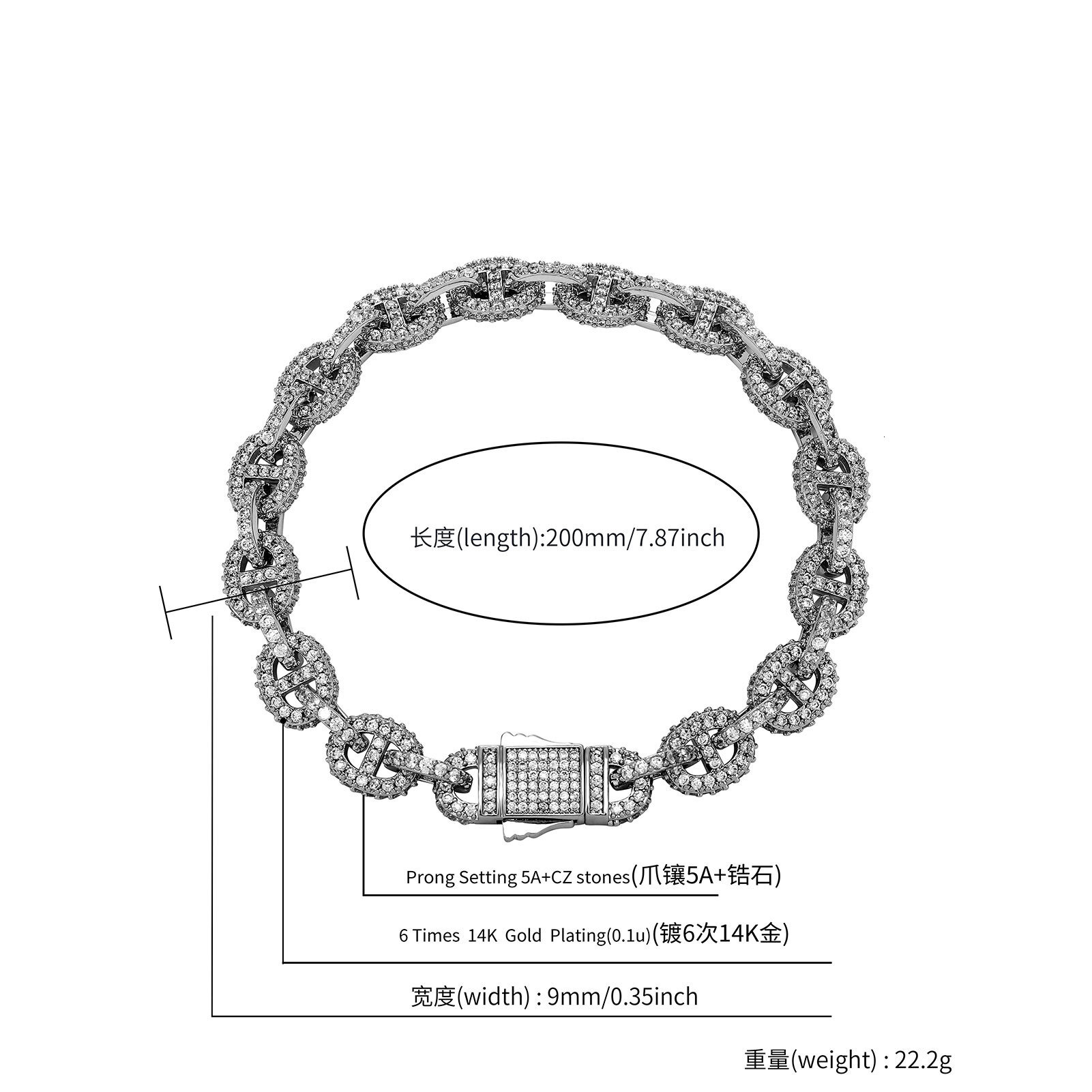 9mm Hip Hop Bling Cubic Zirconia Pig Nose Bubble Cuban Link Chain Necklace Accessories Mens Punk Rock Bracelet For Men And Women Bijoux Pulsera Hombre