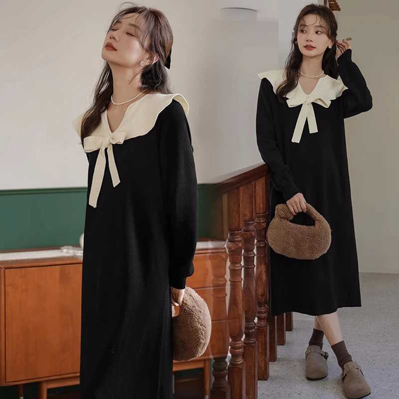 2024 Korean Sle Pregnant Women Black Dress Autumn Winter Long Sleeve Bowknot Collar Materni Knitting Dress Pregnancy SweaterXJ241213
