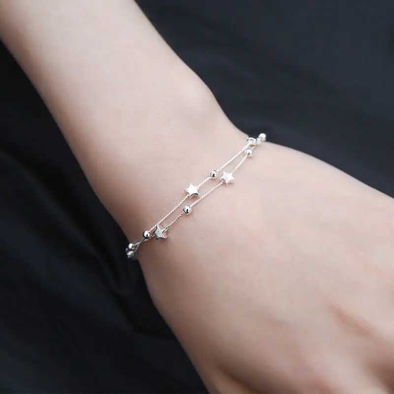 925 Sterling Silver Bead Chain Bracelets For Women Korean Sweet Double Layer Beautiful Stars Bracelets Original Jewelry GiftsXJ241214
