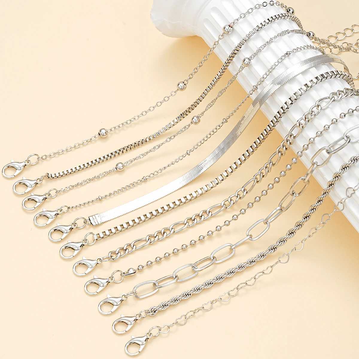 11Pcs/Set Boho Twisted Flat Snake Chain Anklet for Women Summer Beach Vintage Barefoot Ankle Bracelet On Leg Jewelry AccoriesXJ241214