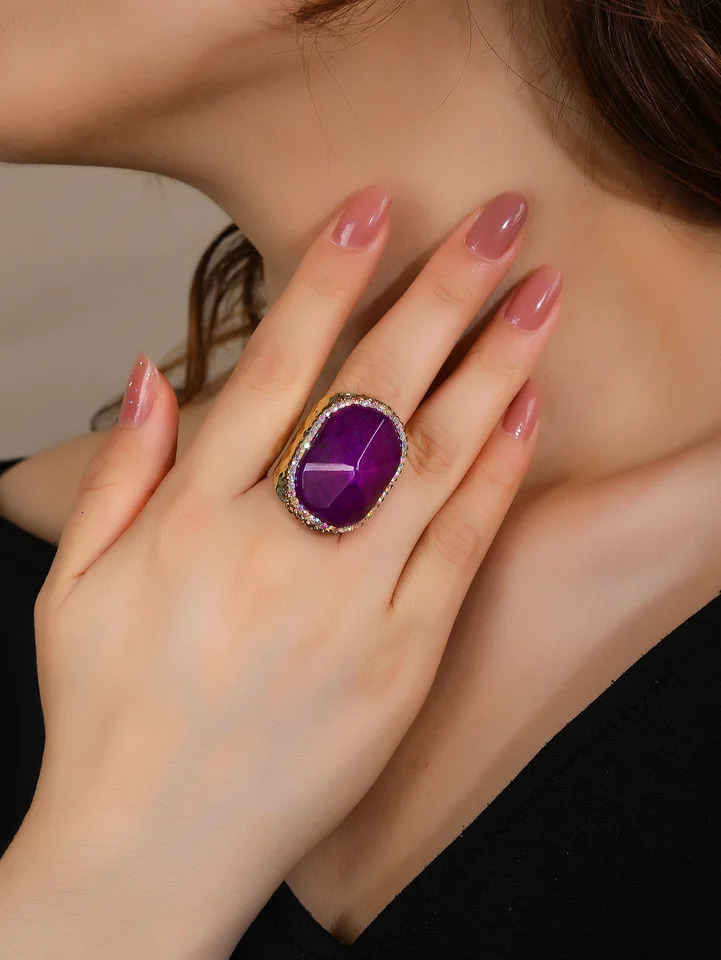 YEEVAA Purple Agate Gemstone Ring Healing Crystal Adjustable Handmade Wide14k Gold Plated Jewelry Gift 241214