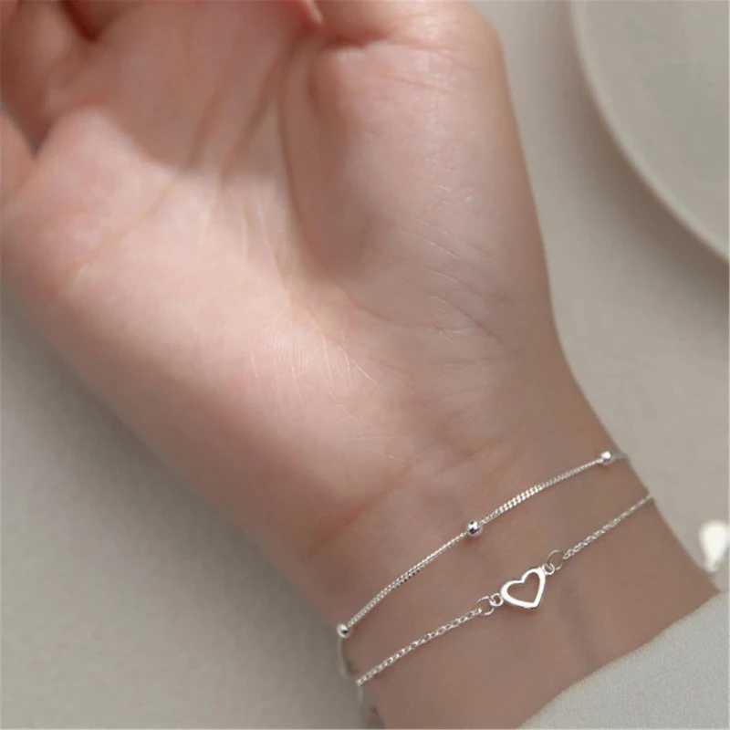 Round Bead Hollow Heart Hand Decorated Double Design Sweet 925 Silver Plated Chain Bracelet for Women Girls GiftsXJ241214