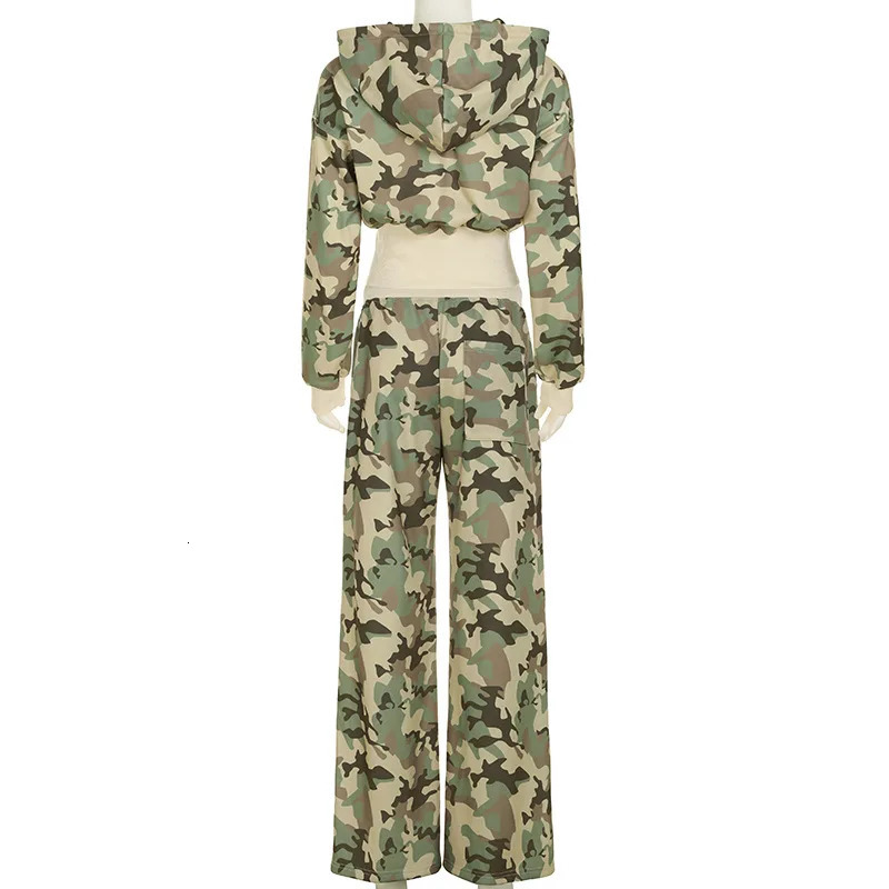 Camouflage print loose casual 2-piece set womens track and field uniform full set zipper hooded sports shirt top wide leg pants set 241214