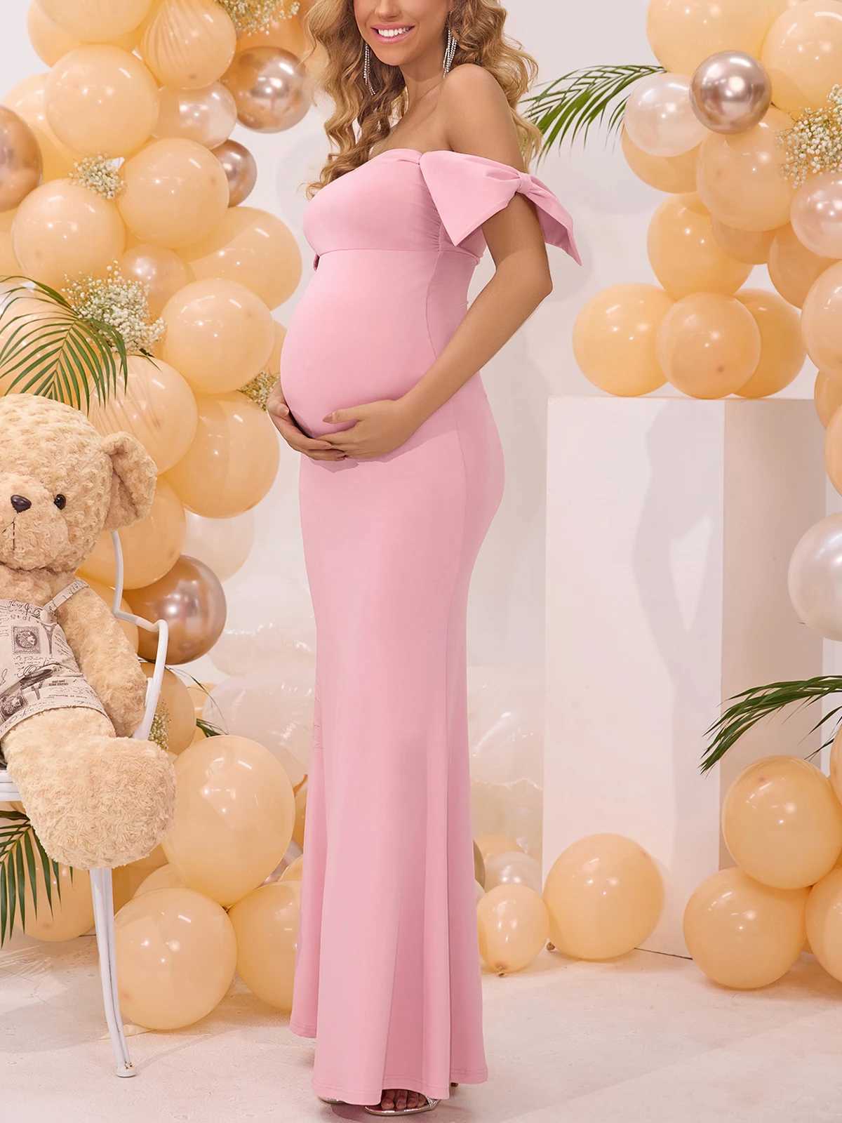ItsRoya Solid Off Shoulder Slim Materni Dress With Bow Backless Par Pregnant Maxi Long Dress Elegant Photography Props DressXJ241213