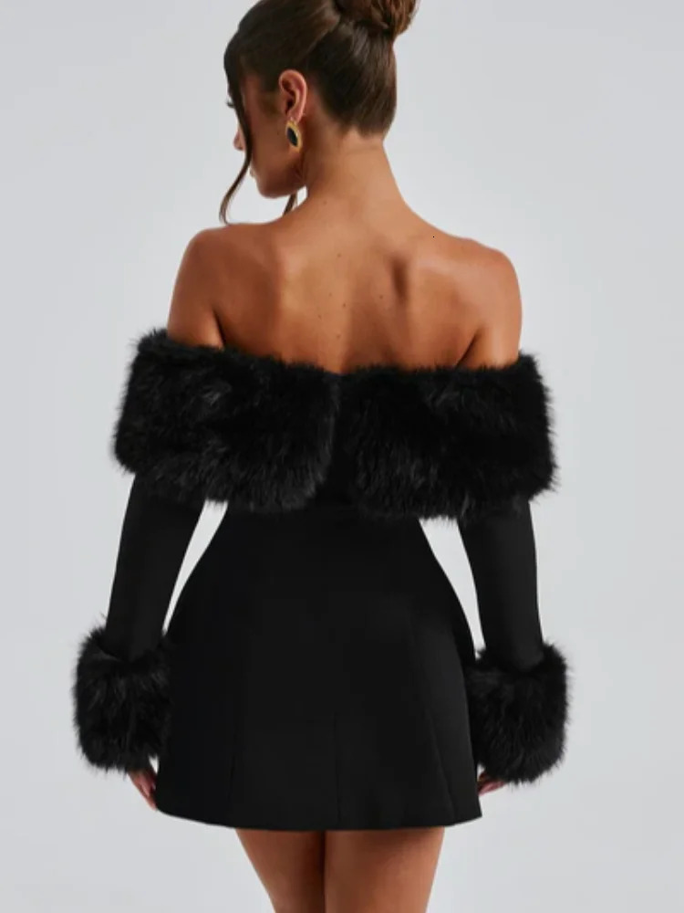 Elegant Fluffy Fur Slash Collar High Waist Mini Dress Fashion Chic Long Sleeve Slim Dresses Ladies Evening Party Club Short Gown
