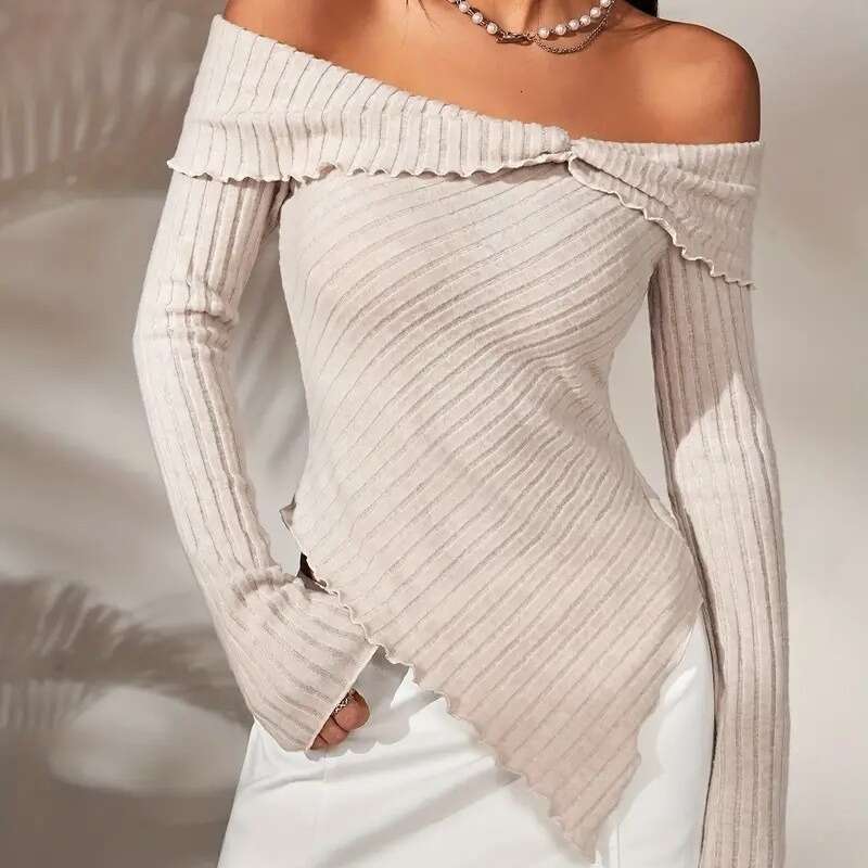 Hot selg European American 2023 autumn and winter new women's clothing solid color long sleeved one piece collar irregular hem top for women