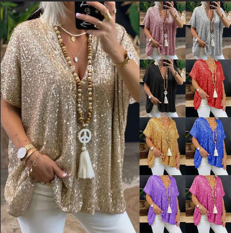 New European And American Short Sleeved Urban Casual Color Loose Fitting Pullover Sequin V-Neck T-Shirt Top For Women
