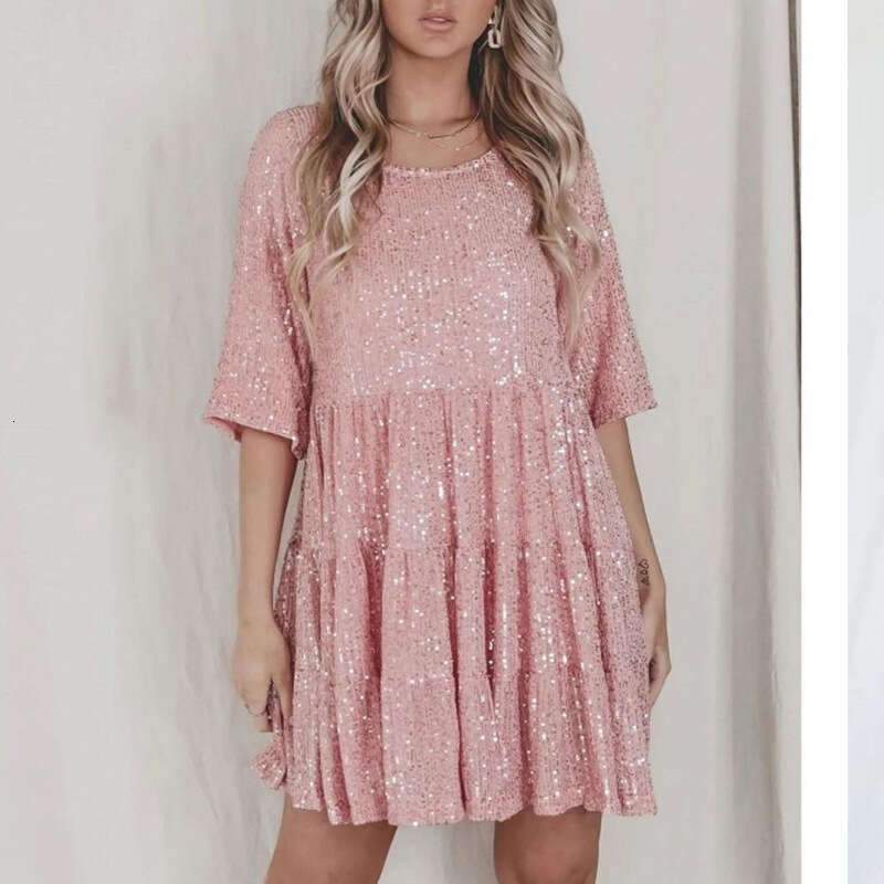 New Solid Color Fashion Sequin Round Neck Loose Waist Short Sleeved For European And American Foreign Trade Banquet Dress