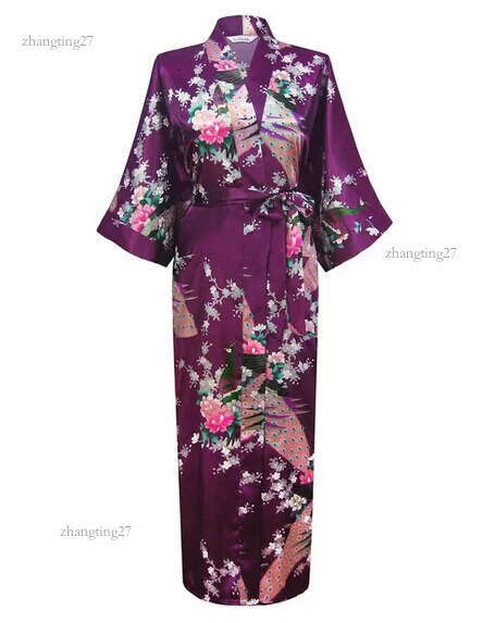Wholesale- Purple Fashion Women's Peacock Long Kimono Bath Robe Nightgown Gown Yukata Bathrobe Sleepwear With Belt S M L XL XXL XXXL