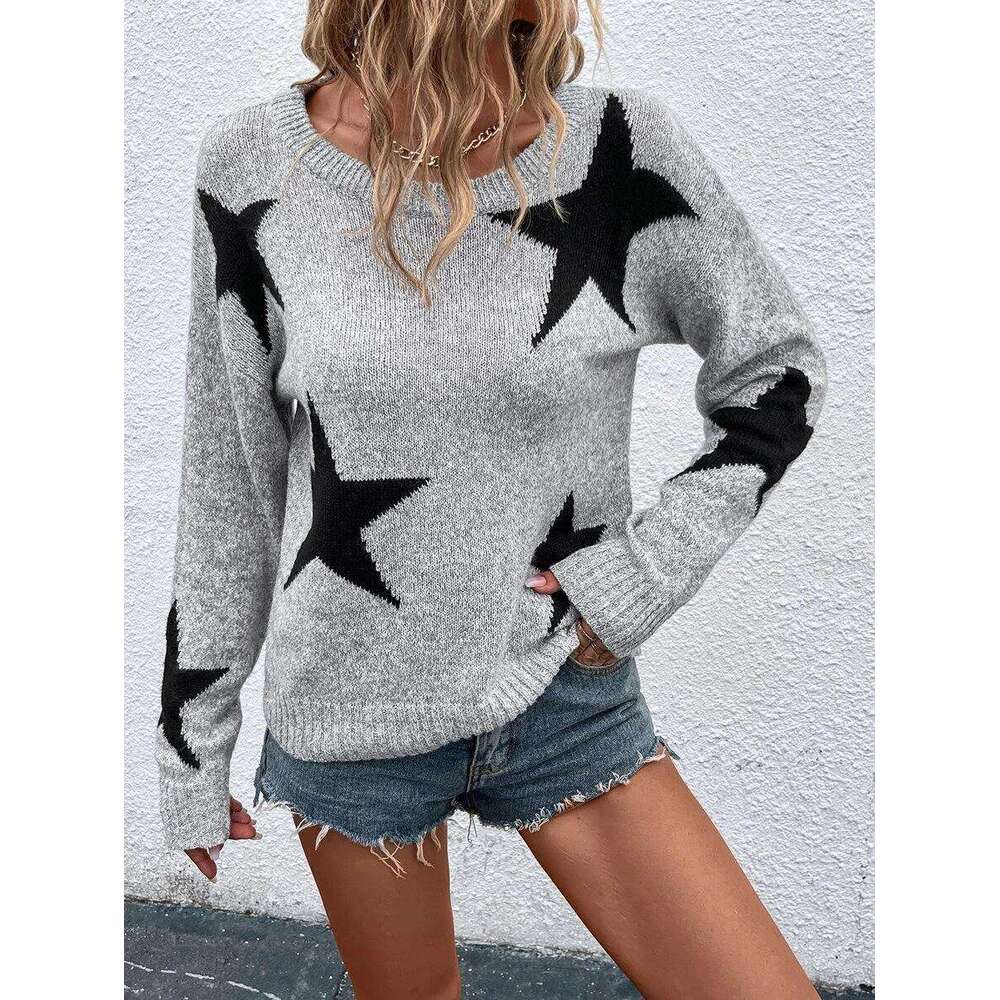 2024 European American autumn and winter women's wearing round neck long sleeved five-star jacquard pullover knitted sweater