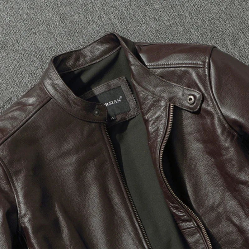 Top Layer Cowhide Jacket Fashion SlimFit Stand Collar Leisure Bomber 100 Genuine Leather Mens Vintage Short Zipper M 241214