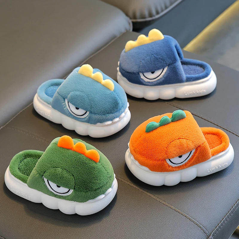 Winter Warm Plush Slippers Childrens Funny Cartoon Dinosaur Non-slip Soft Sole Kids Baby Boys Girls Indoor Home Cotton Shoes 241213