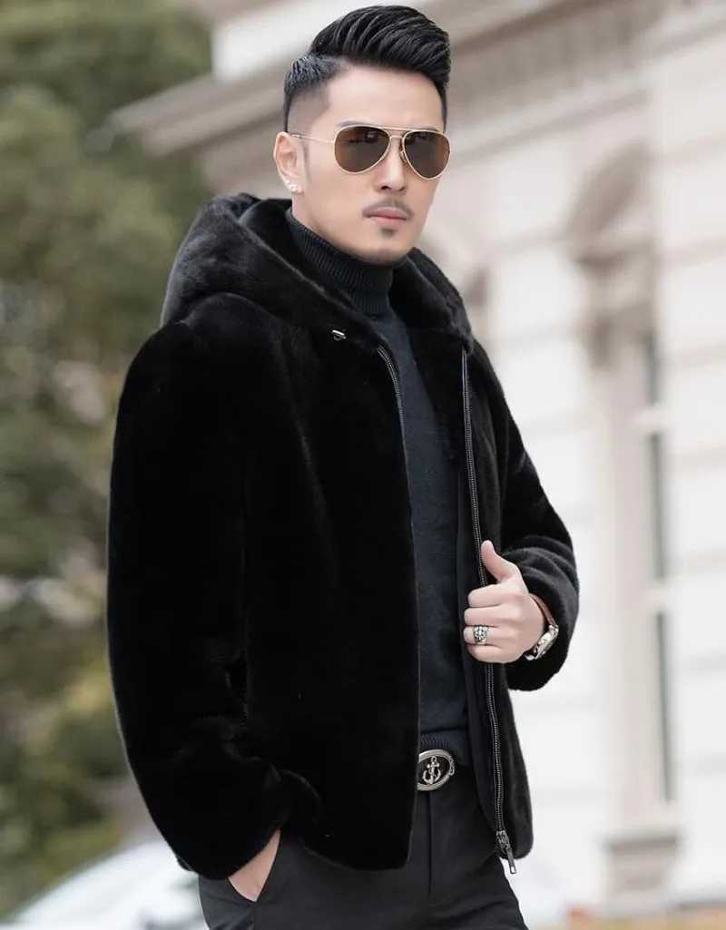 Autumn and winter mens faux fur coat Korean fashion ultra-thin clothing brown fluffy warm jacket casual mens top hot jacket LOOSE W241213