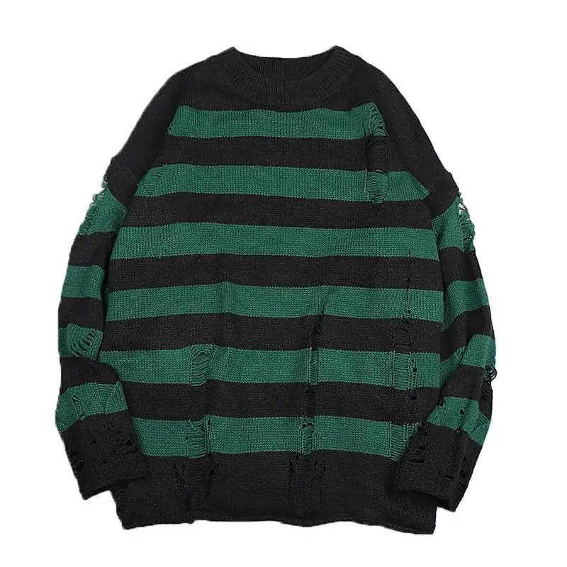 Black Stripe Sweaters Destroyed Ripped Sweater Men Pullover Hole Knit Jumpers Oversized Sweatshirt Harajuku Long Sleeve Tops 241213