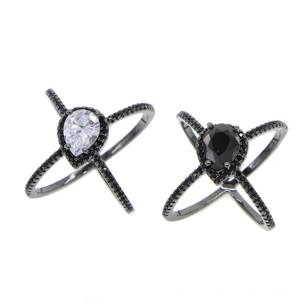 black gold tear drop shape black cz color Cross classic wedding engagement big stone women full finger ring ladies gift 241214