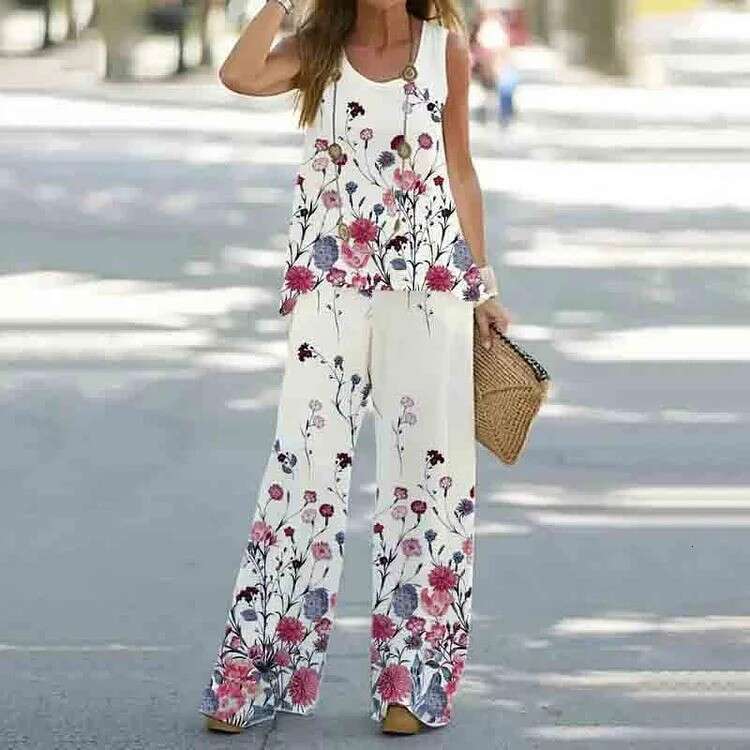 Women's printed casual two-piece vest with elastic waist pants women's set 2024 versatile new trendy clothing ins