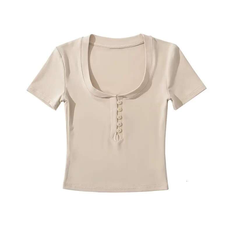 Spicy girl round neck half open button slim fit shoulder T-shirt for women's summer wear, tight fitting and slimming short sleeved top base shirt
