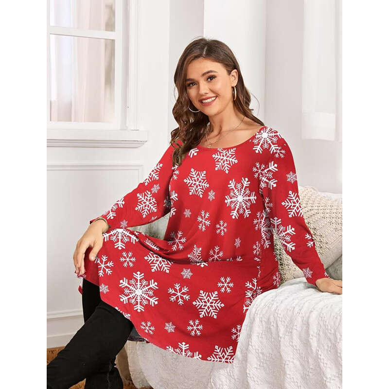 European American fashion Christmas print mid sleeve plus size women's 2024 new style chic and elegant clothing