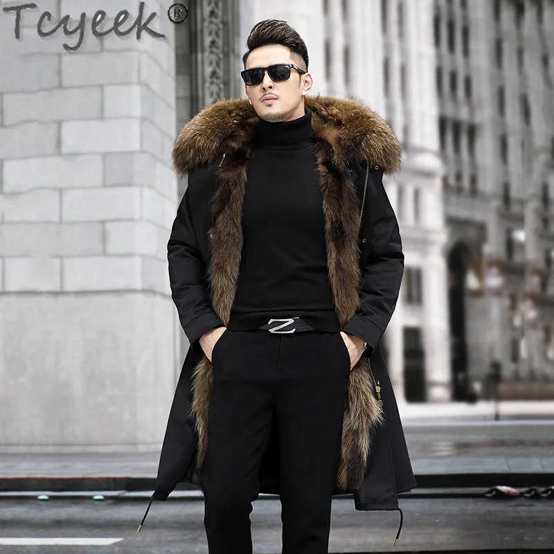 Tcyeek medium long fur leather jacket for mens warm and detachable fox fur lining Parka fashion winter mens clothing raccoon fur collar 2023 W241213