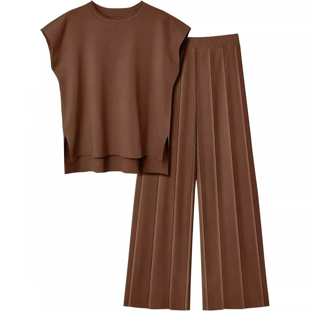 European And American Style Knitted Fashion Summer Casual Suit Elegant Sleeveless Vest Sweater Wideleg Pants Twopiece Set 241203
