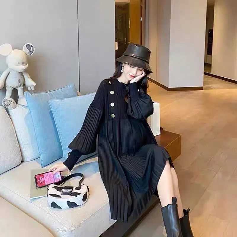 Pregnant Woman Spring Clothes Long Sleeve O-neck Knitting Patchwork Chiffon Pleated Dress Loose Pregnancy Dresses Black GreenXJ241213