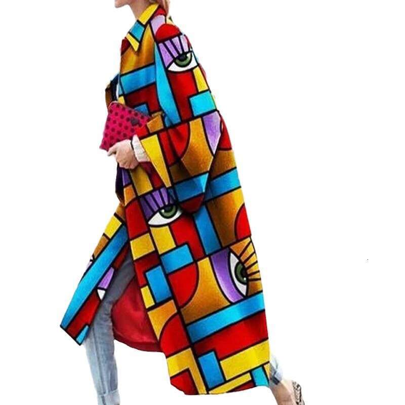 Spring And Autumn Long Horn Sleeve Printed Loose Wind Coat For Women