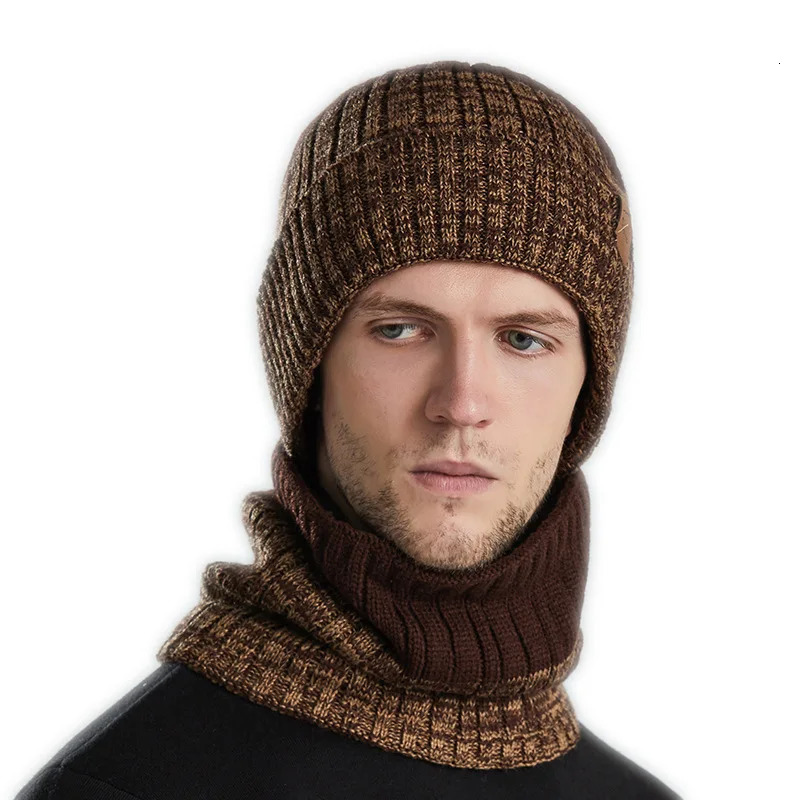 Mens winter hat zipper hat scarf set plush velvet lining womens thick hat warm Beanie hat Balaclav knitted hat 241205
