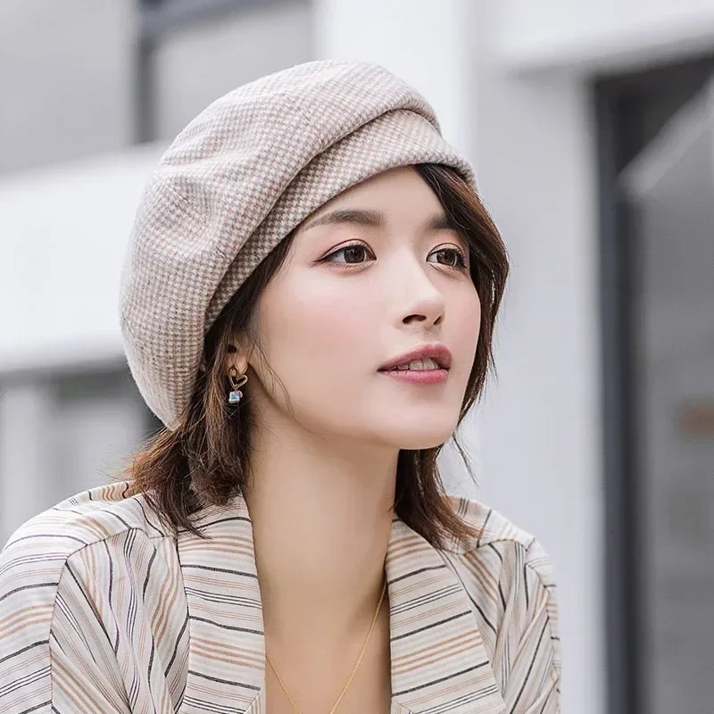 Simple Women Wool Beret for Elegant Lady Winter Female Cotton Hats Plaid Vintage Octagonal Casual Autumn Cap 241214
