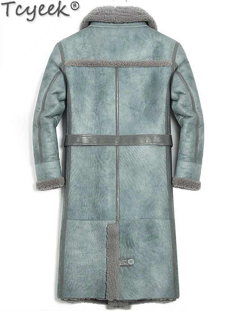 Tcyeek natural sheepskin jacket mens thick real fur coat mens long winter jacket mens clothing belt fashionable warm fur coat ultra-thin W241213
