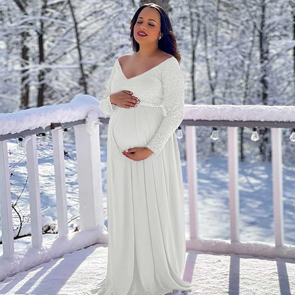 Materni Lace Photography Gown V-Neck Long Sleeve Maxi Elegant Pregnancy Dress For Baby Shower PhotographyXJ241213